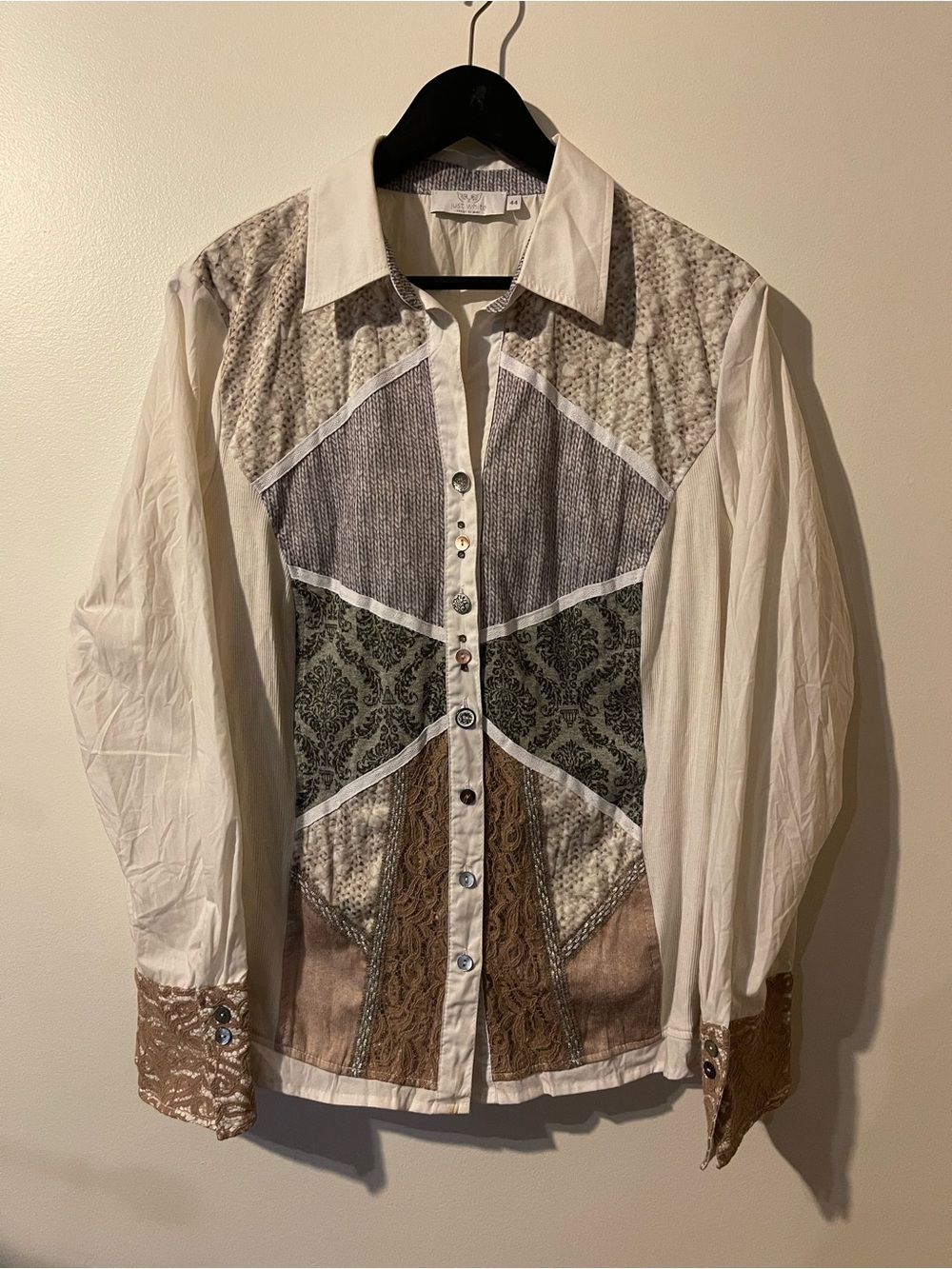 Just White Patchwork Lace Mixed Media Button Down Shirt 2XL 44